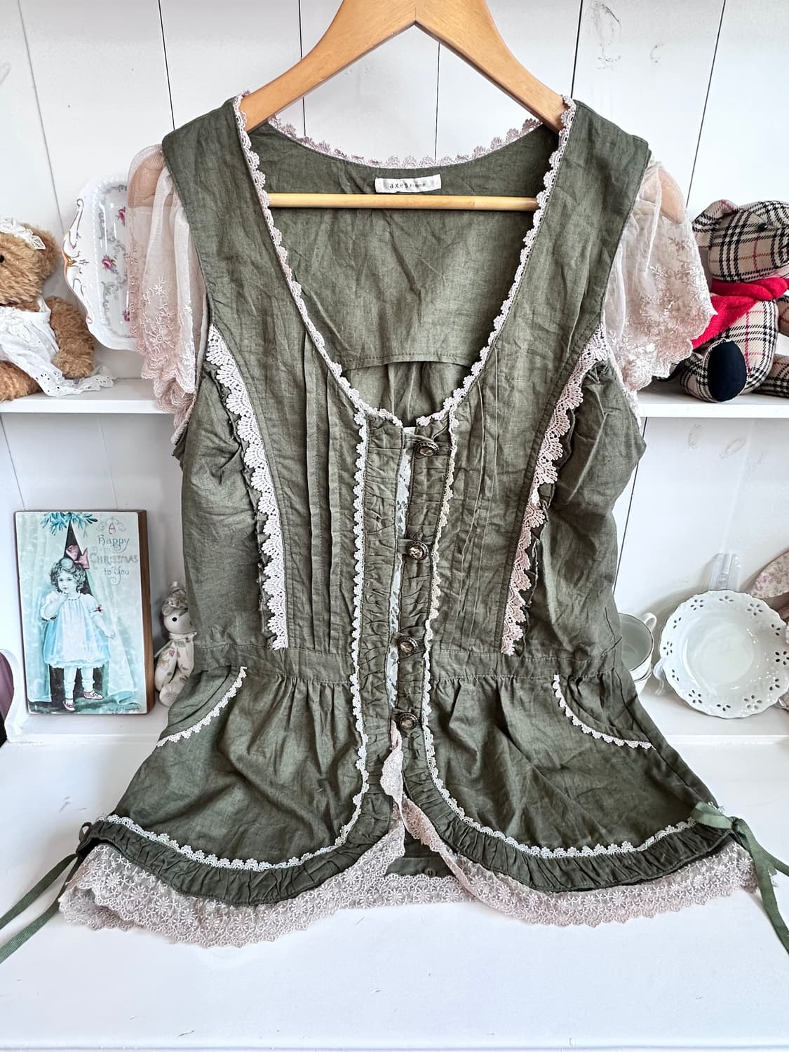 빈티지 레이스 장식 원피스 카키색 상품이미지5