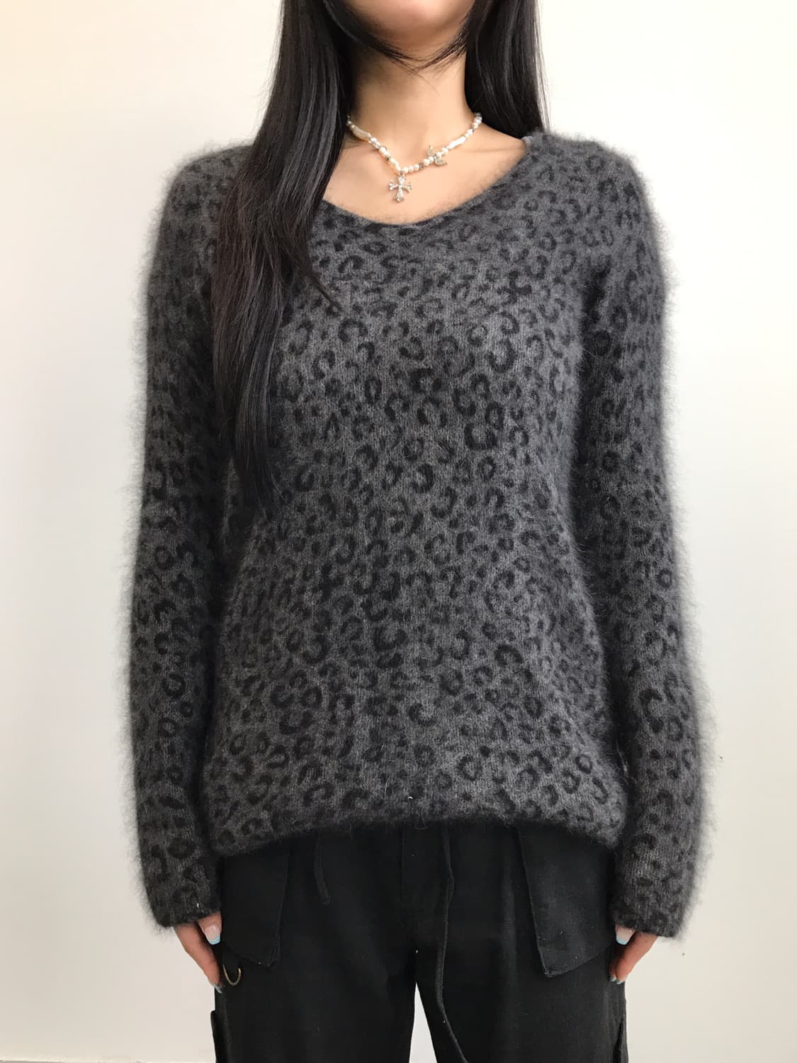 Jpn Charcoal Gray Leopard Knit Sweater 상품이미지2