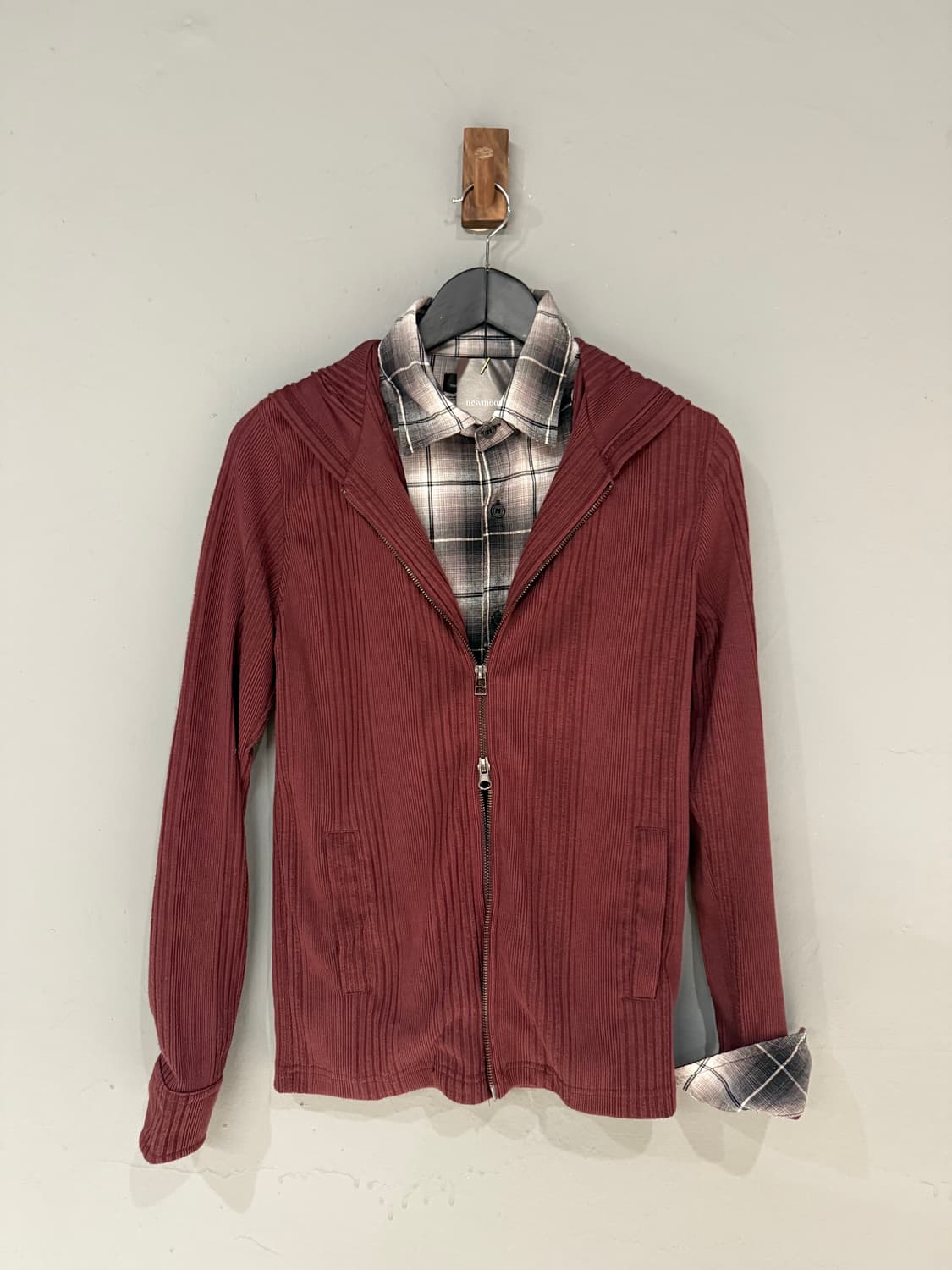 check shirt layered ribbed hood zip-up 상품이미지4