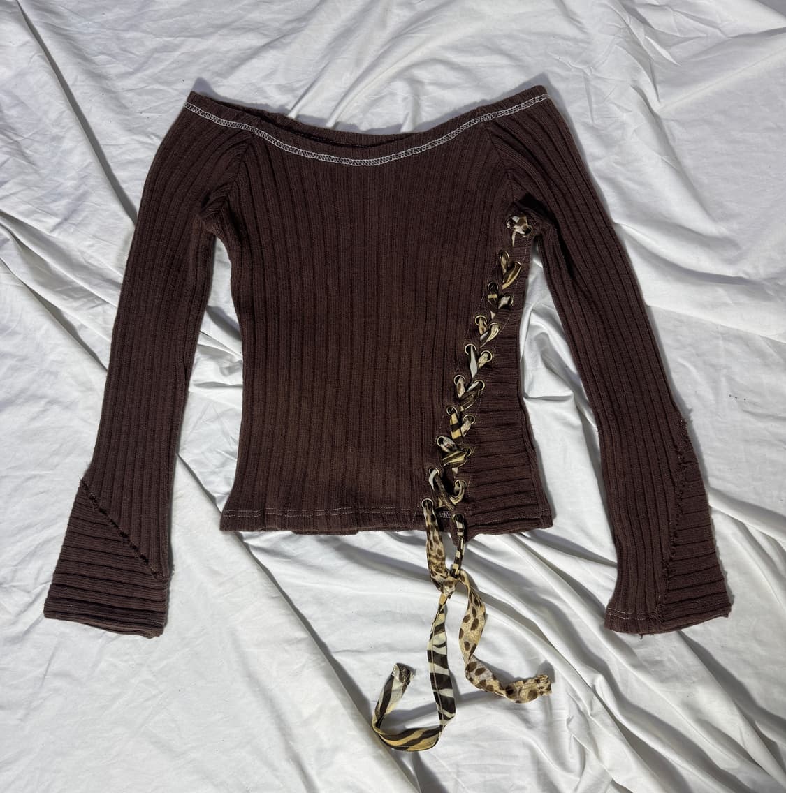 빈티지 레오파드 스트랩 오프숄더 니트 탑 y2k 아방가르드 오즈온 상품이미지4