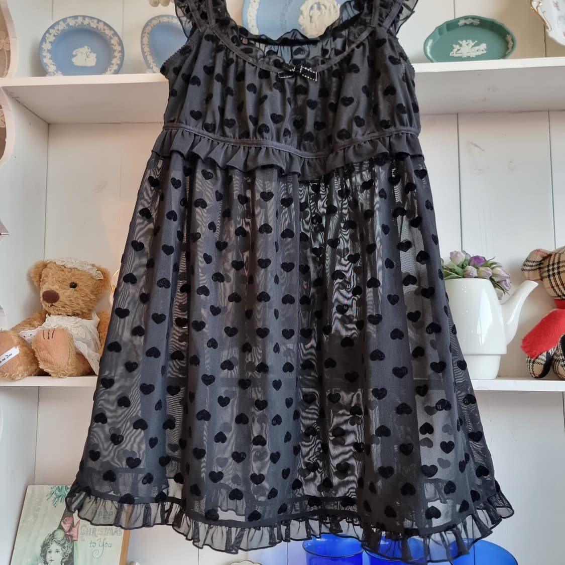 하트 벨벳 도트 시스루 원피스 (블랙) 상품이미지3