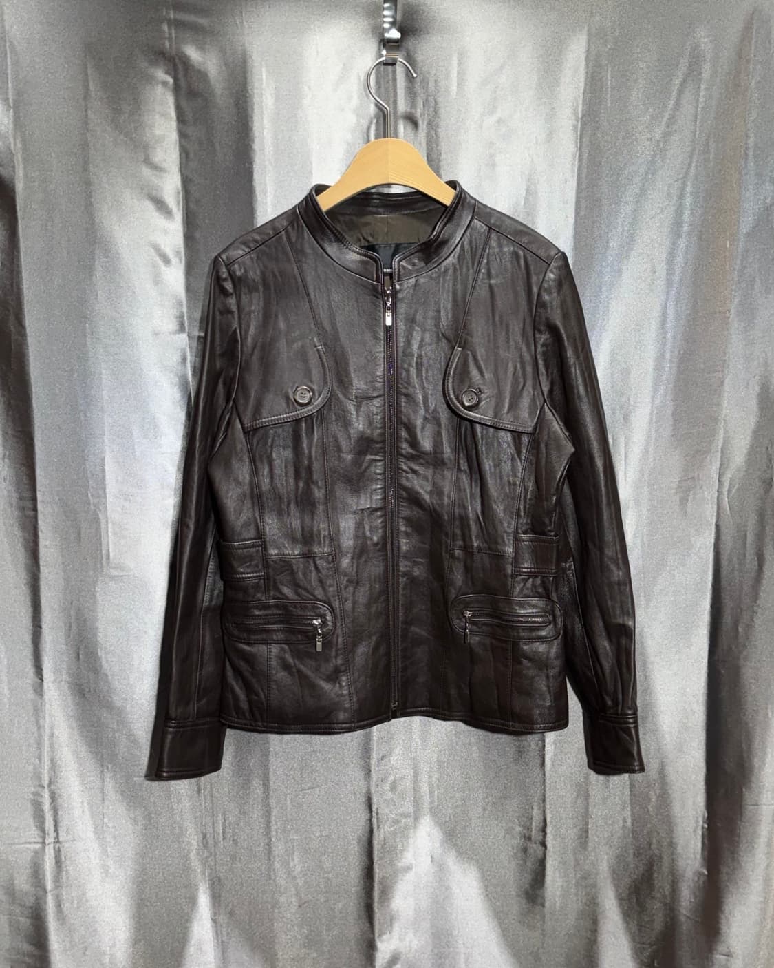 S 다크브라운 쉽스킨 반카라 레더 자켓  상품이미지2