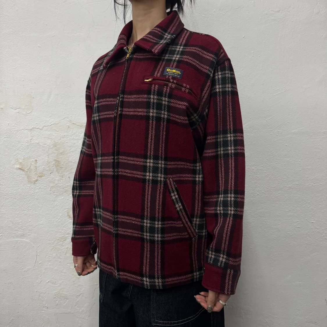 오시코시(OSHKOSH) 버건디 믹스 체크 패턴 혼밥 집업 블루종 자켓 상품이미지1