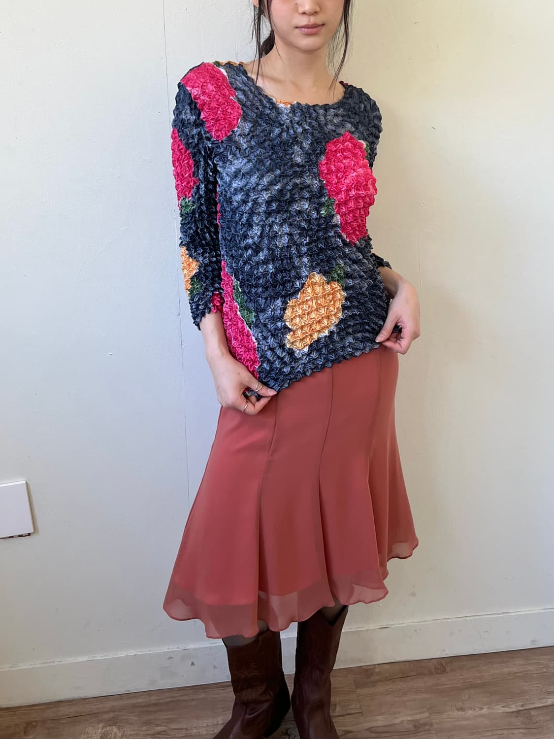 Japan vtg 플라워 플리츠 탑 상품이미지8