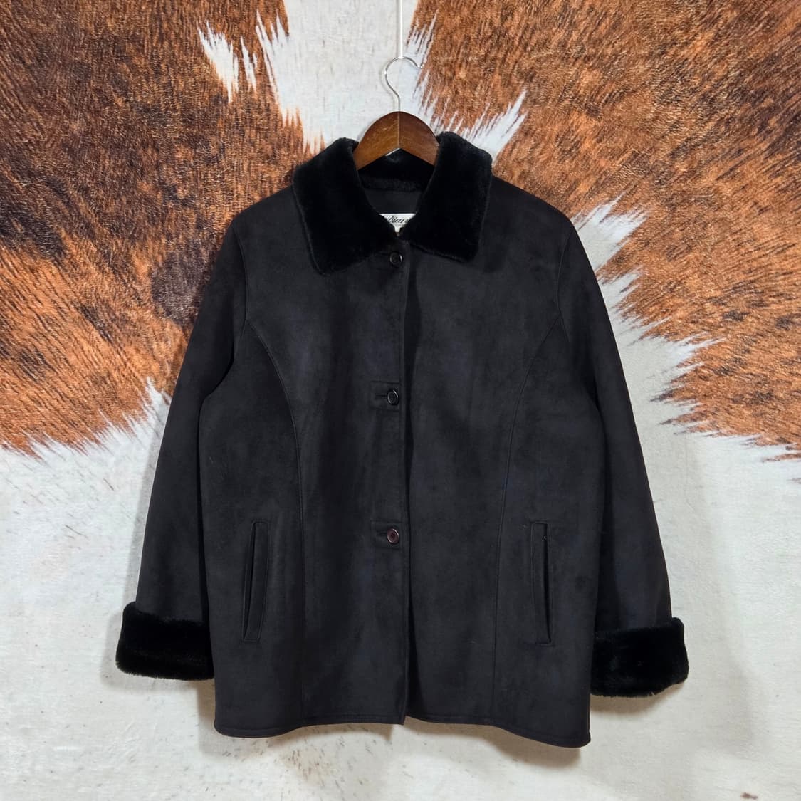 빈티지 블랙 퍼 카라 무스탕 미디 코트 상품이미지1