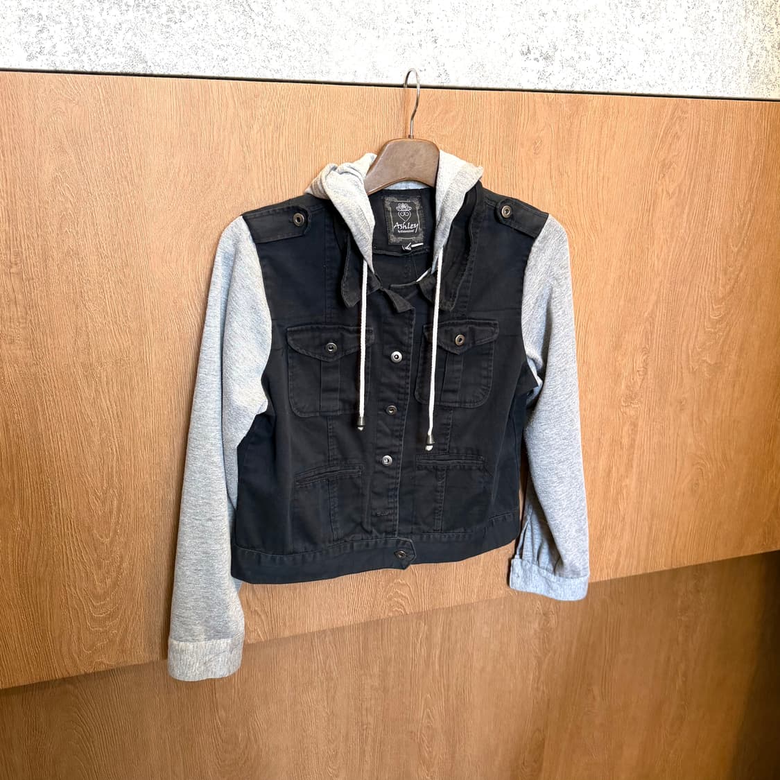 빈티지 코튼 자켓 그레이 스웨트 후드 레이어드 배색 디테일 블랙 상품이미지1