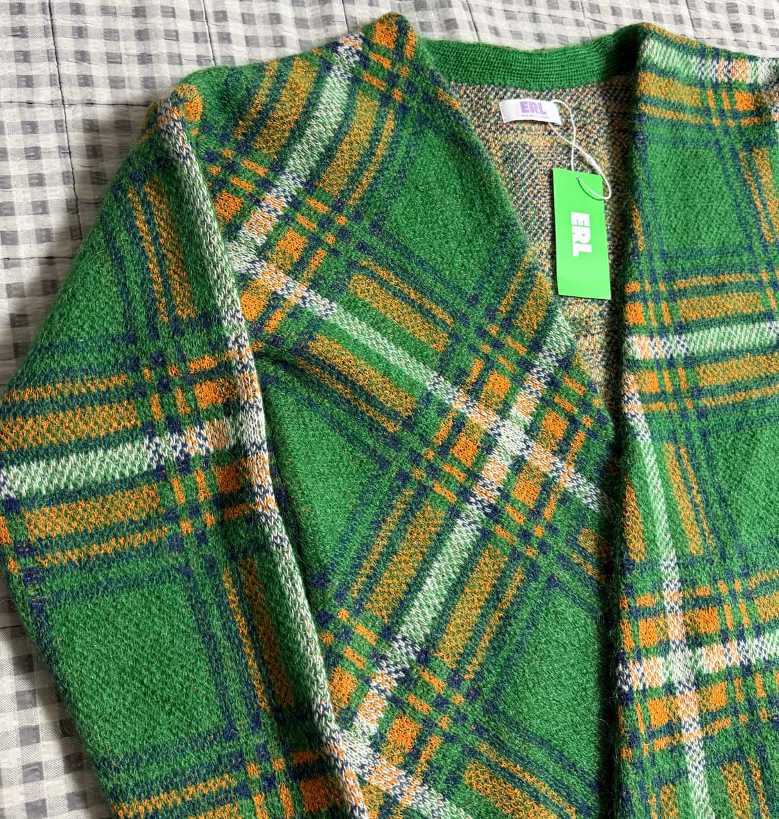 (M) ERL 이알엘 체크 모헤어 가디건 그린 상품이미지2
