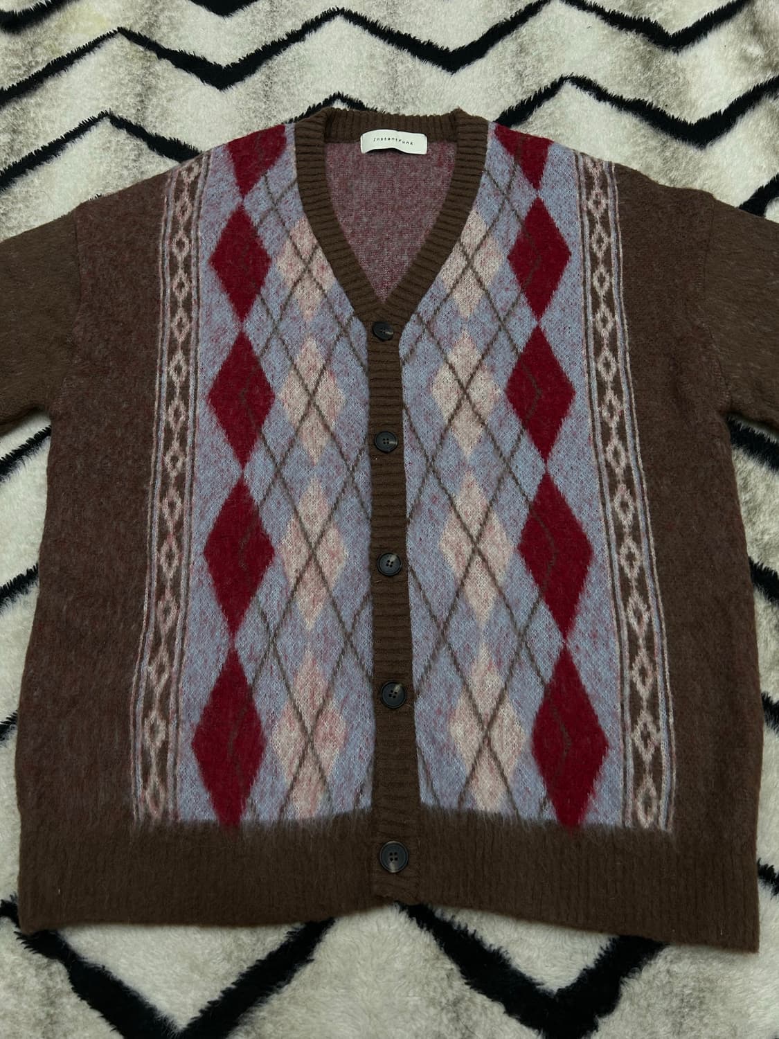 [1]인스턴트펑크 오버핏 모헤어 아가일 니트 가디건/브라운 상품이미지5
