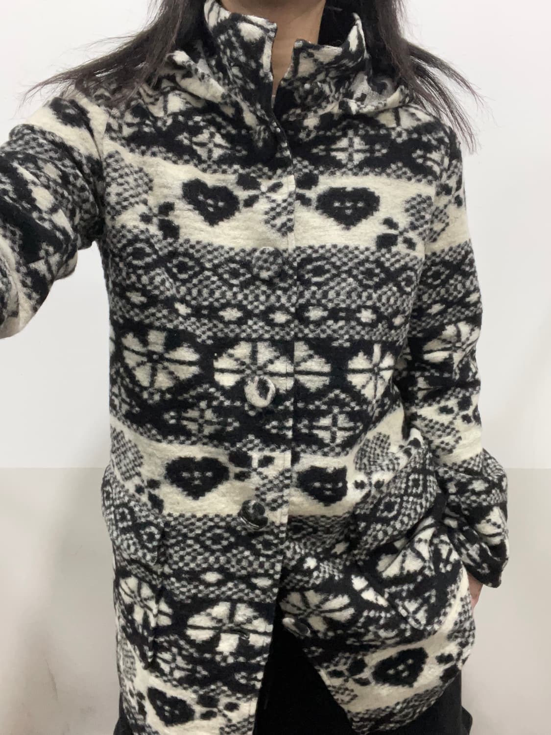 (빈티지)하트 자카드패턴 울 후드 롱 자켓 상품이미지1