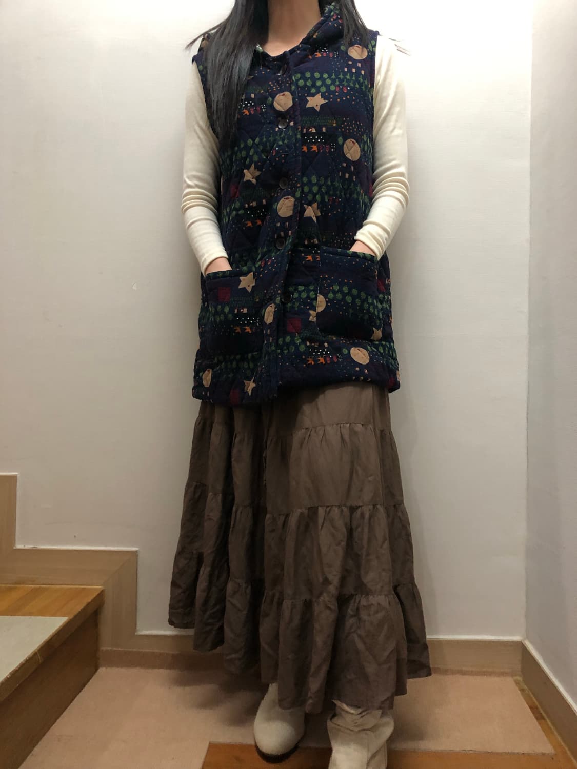 빈티지 네이비 모리걸 프린팅 베스트 패딩 상품이미지6
