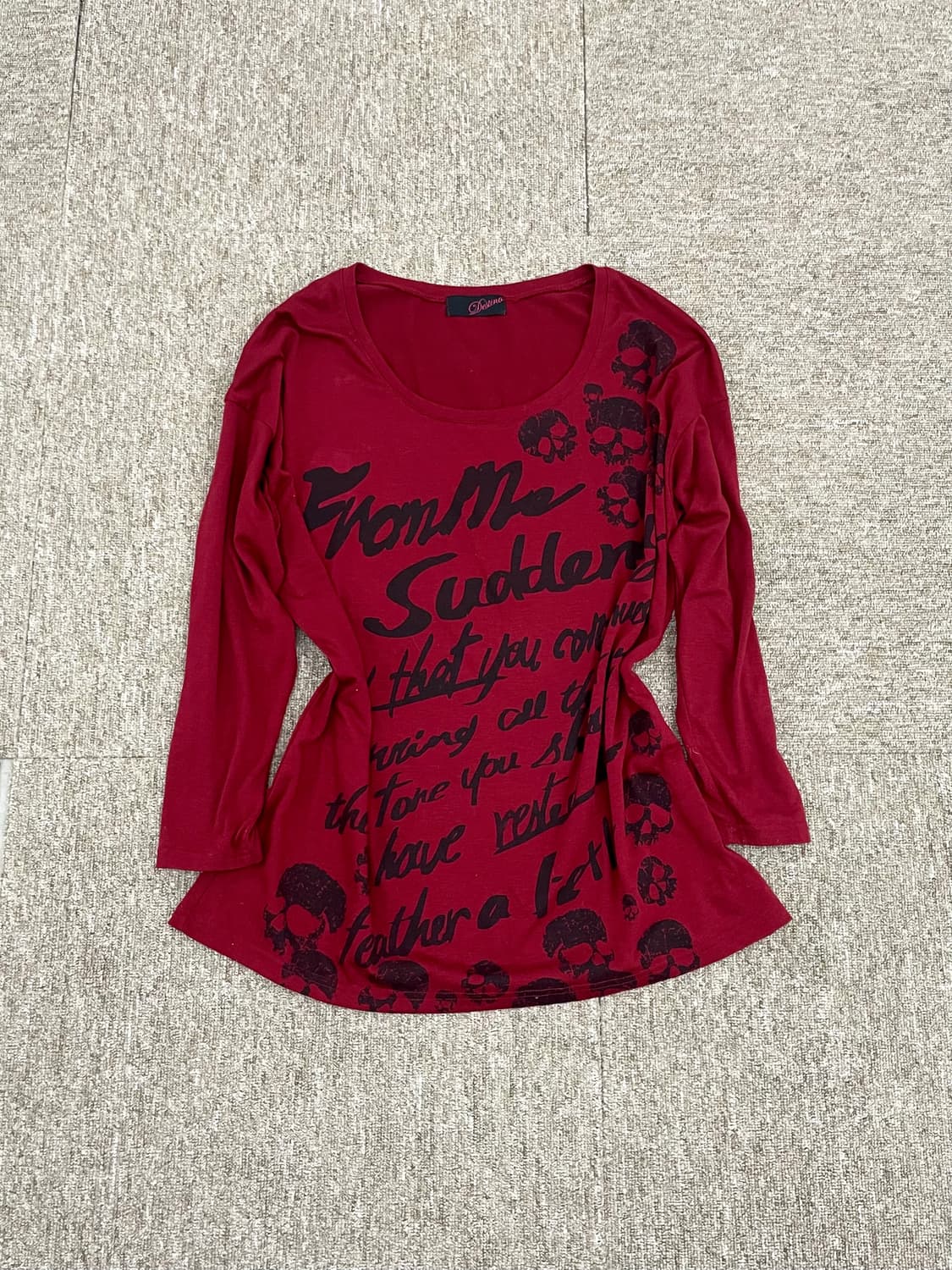 punk skull printing Red U-neck T-shirt 상품이미지3