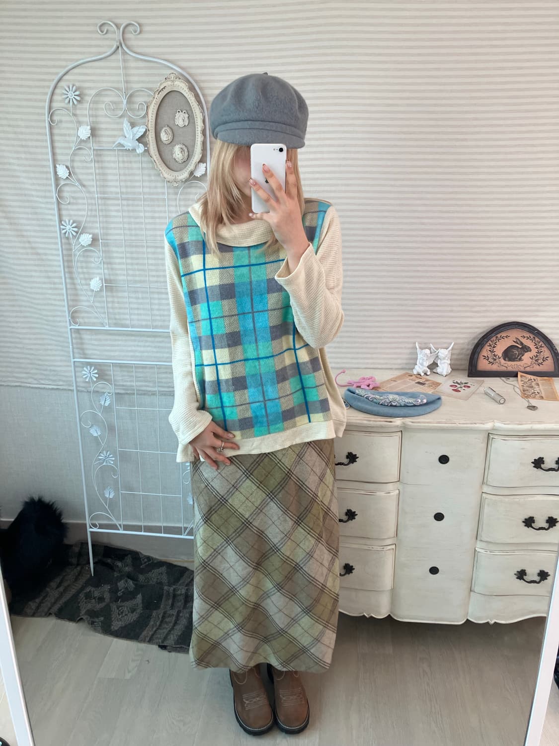 jpn vintage olive khaki check wool skirt 상품이미지3