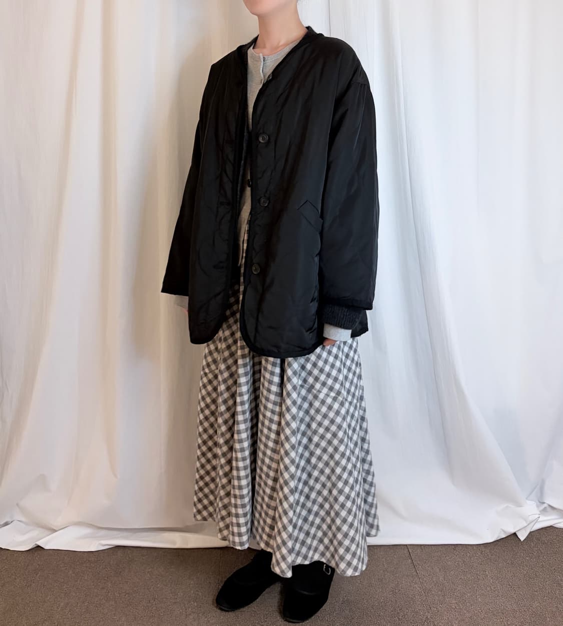 Gingham Flare Long Skirt - Grey 상품이미지2