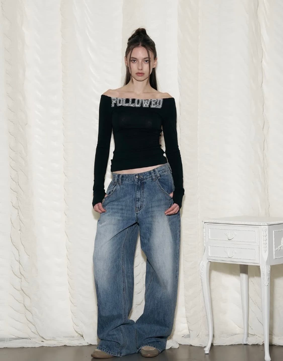 플리즈노팔로우 25 데미지 워싱 와이드 데님 상품이미지1