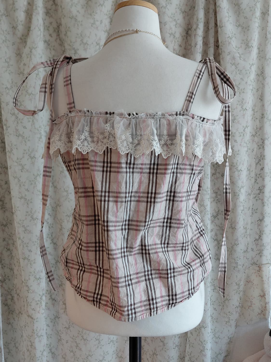 [리폼] 핑크 체크 레이스 블라우스 탑 상품이미지4