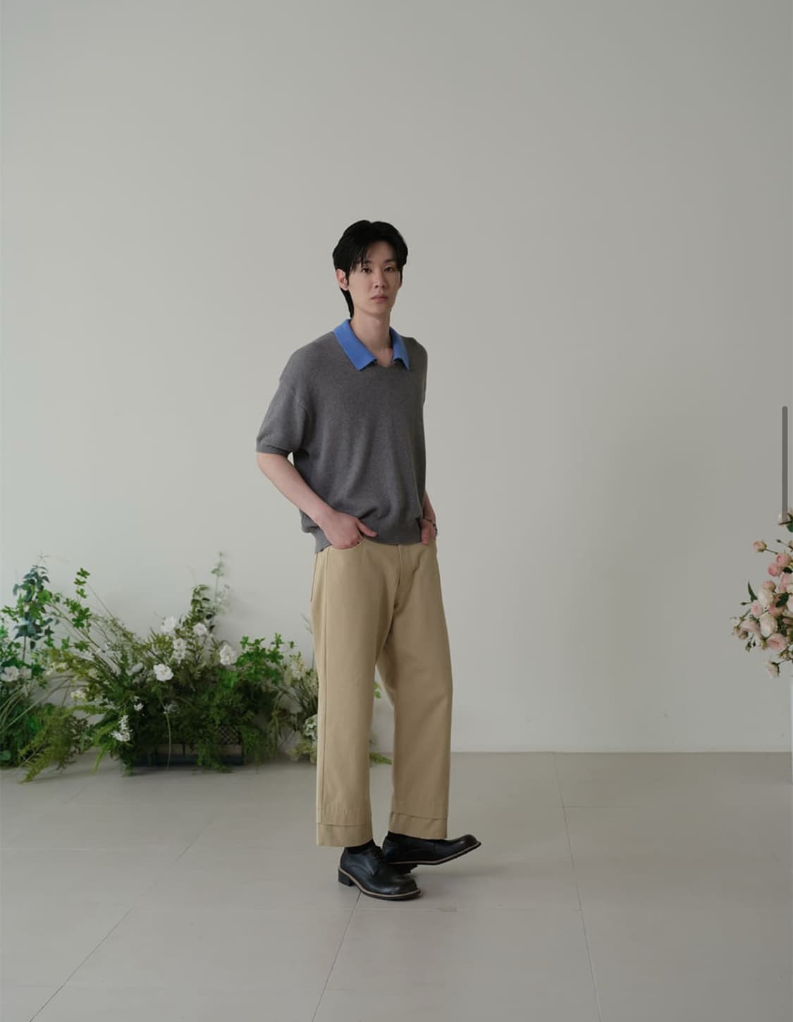 (3)웨이비니스 토글드 페탈 카라 브이넥 하프 니트 그레이 블루 상품이미지2