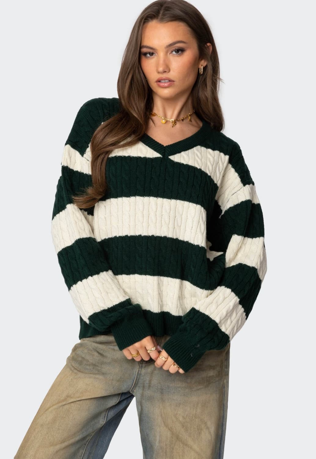 브랜디멜빌 edikted 배색브이넥 딥그린 니트 스트라이프 상품이미지3