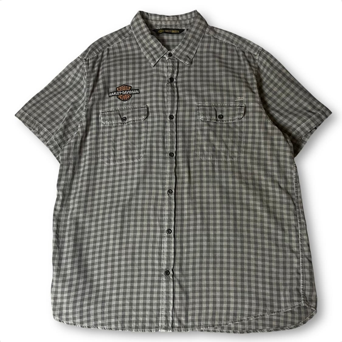 할리데이비슨 그레이 투포켓 체크 자수 와펜 반팔 셔츠 2XL 상품이미지1