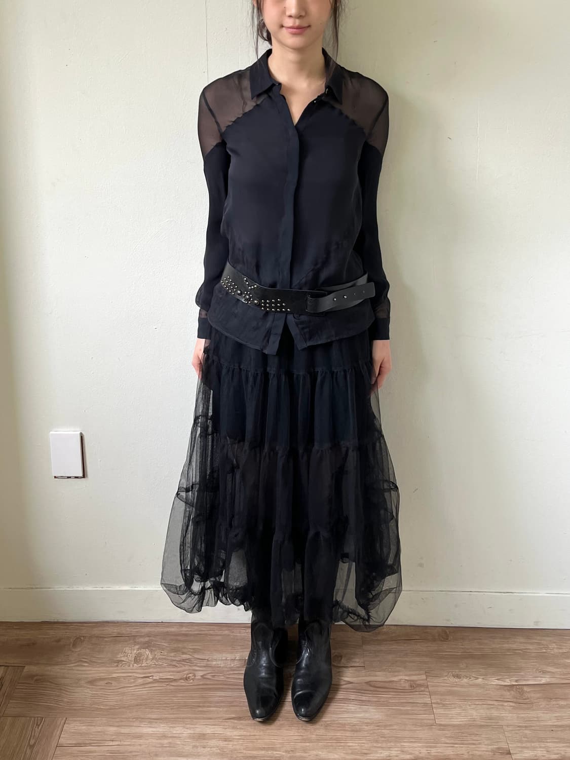 earth music 블랙 시스루 스커트 상품이미지8