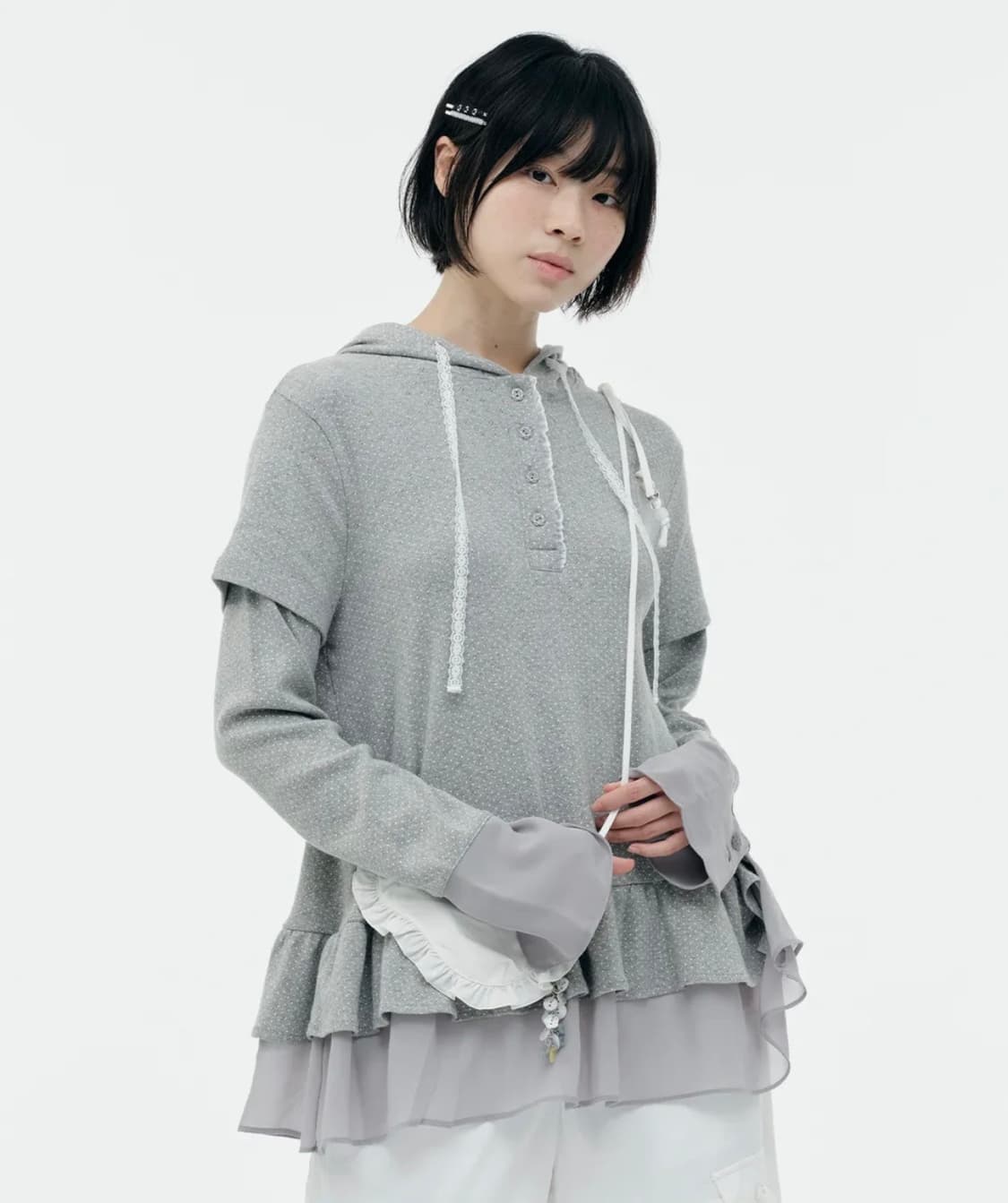 뚜오미오 FRILL CHIFFON HOODIE [HEATHER GREY] 상품이미지1
