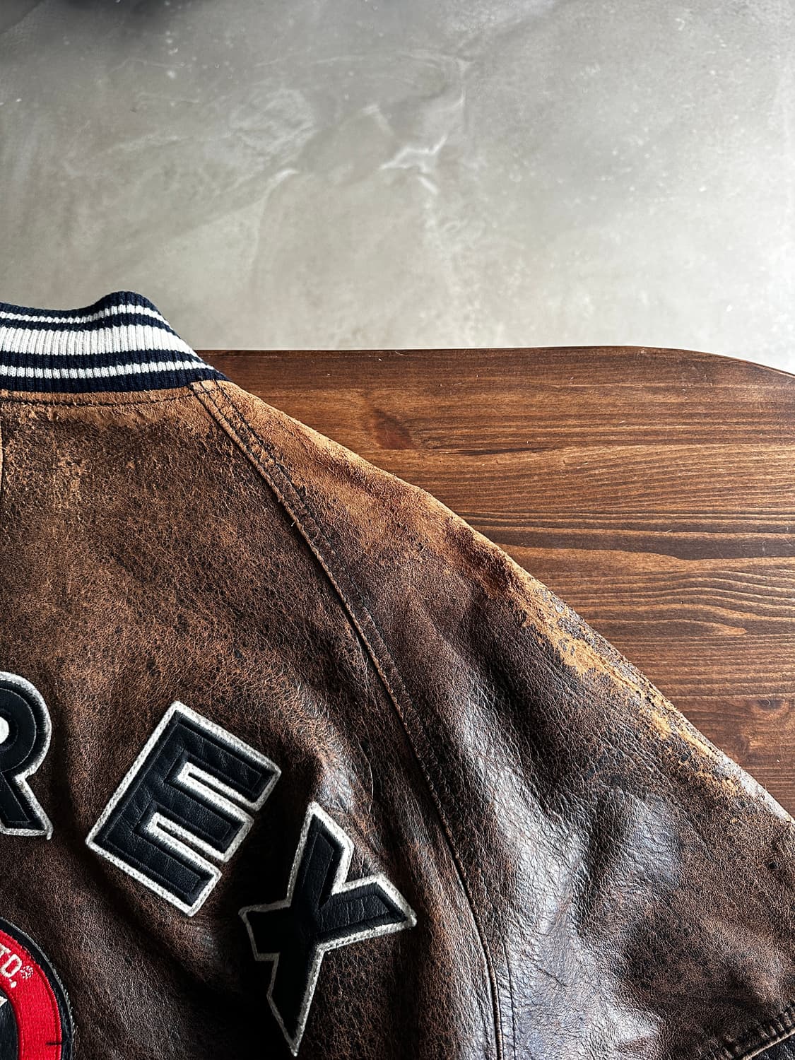 90s Avirex 아비렉스 레더 바시티 자켓 브라운 상품이미지5