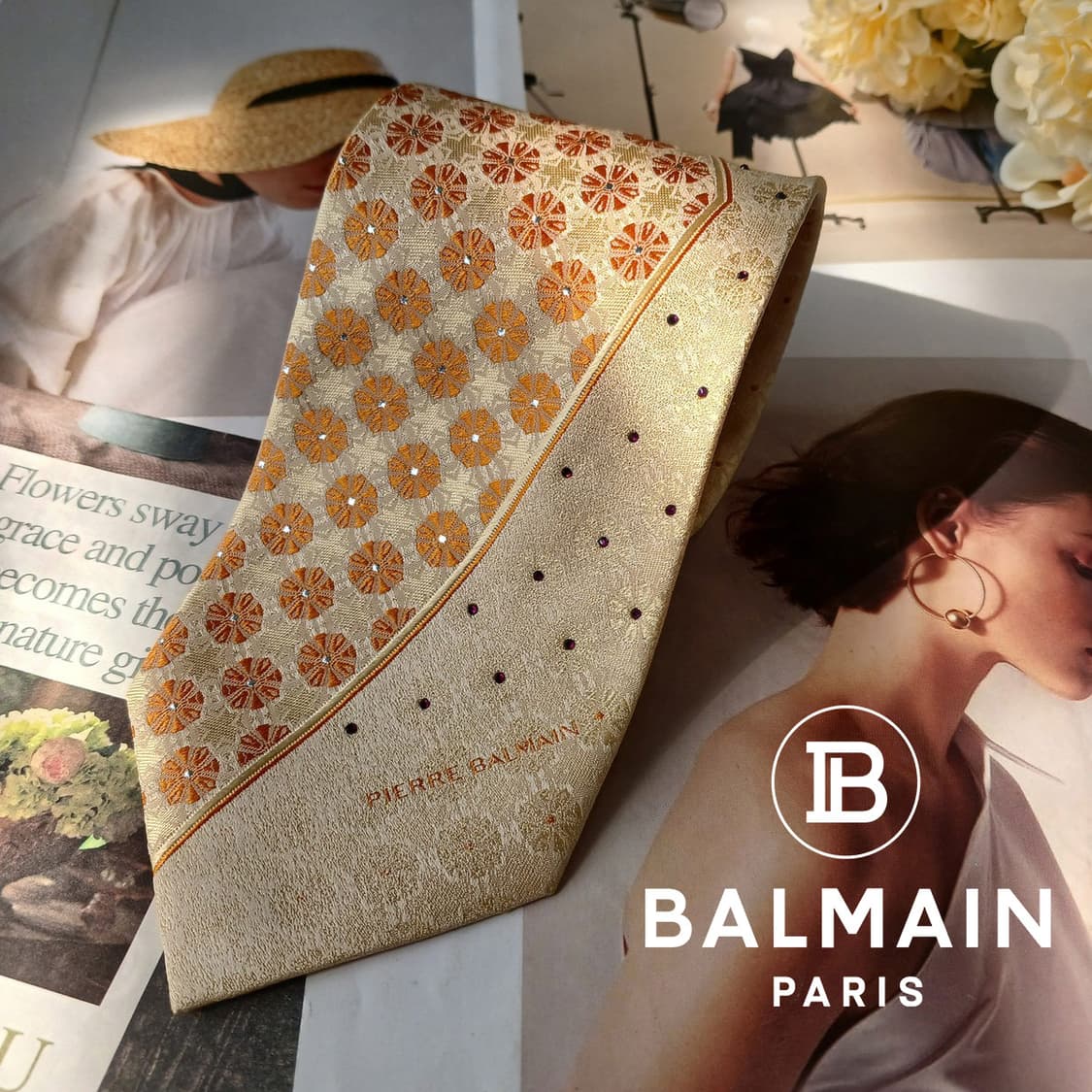 피에르 발망 실크 베이지 패턴 넥타이 9.1cm A+등급 A19829 상품이미지1