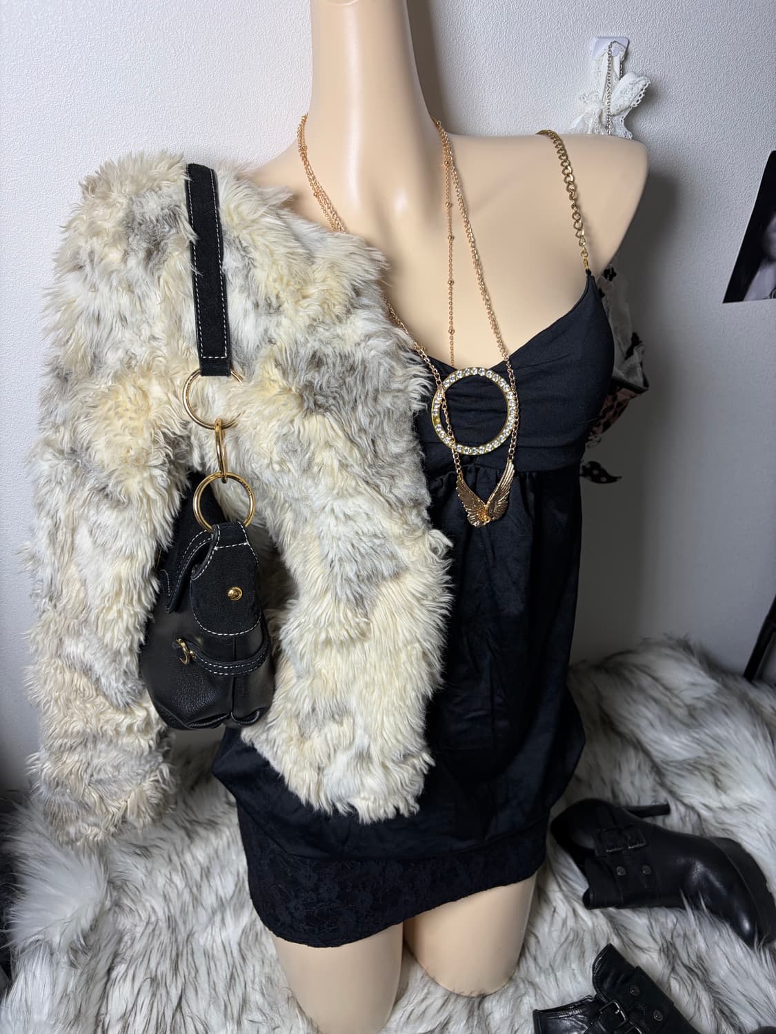 오네갸루 골드 큐빅링 원피스 퍼자켓 세트 상품이미지7