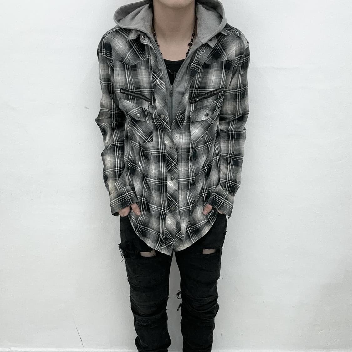 Grey tartan layered hood shirts 상품이미지2