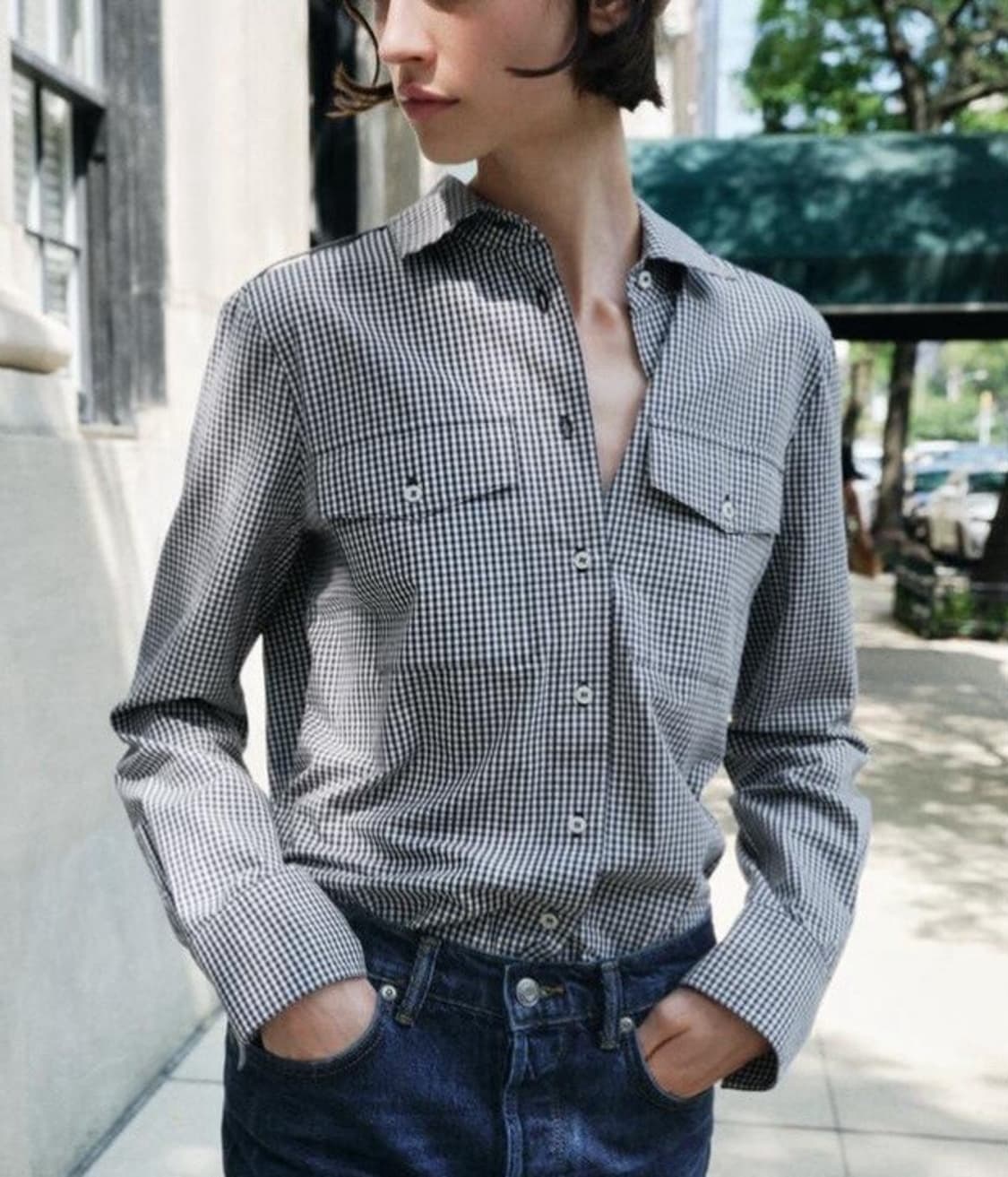 자라 깅엄 체크 셔츠 ZW COLLECTION 네이비 M 상품이미지2