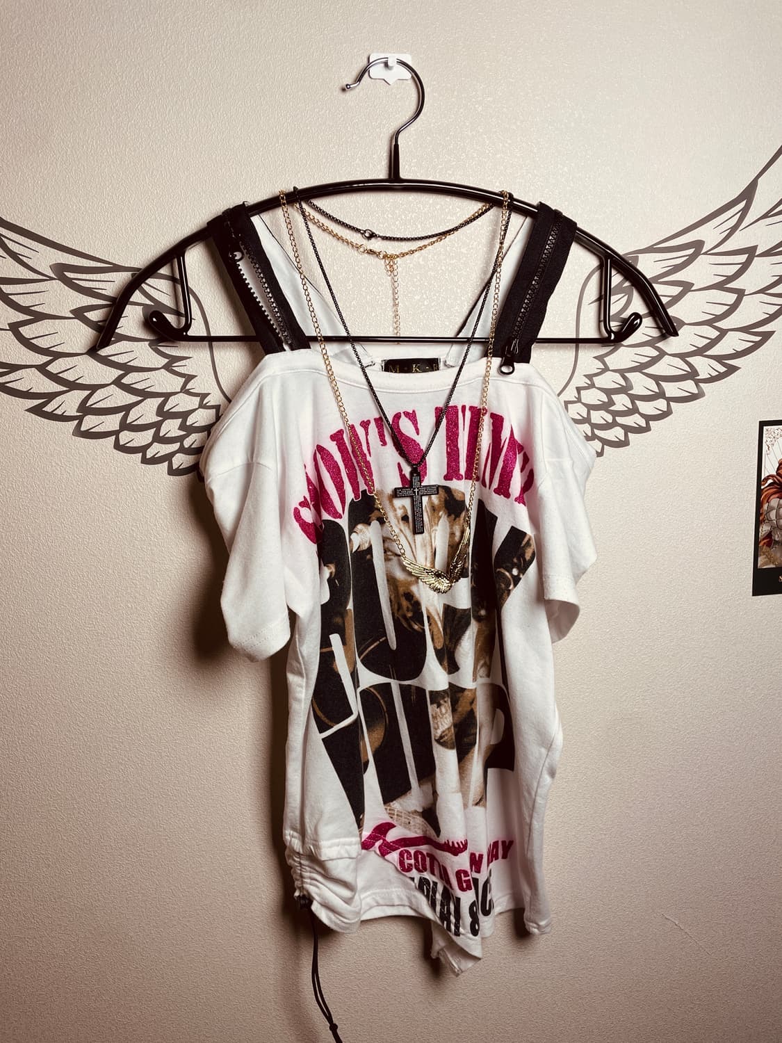 빈티지 펑크 오프숄더 반팔 티셔츠 상품이미지1