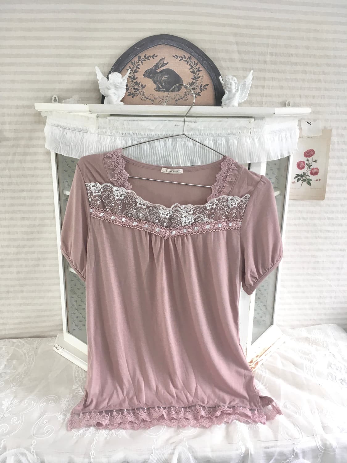 일본빈티지 히메 핑크 레이스 아일렛 퍼프 티셔츠 상품이미지4