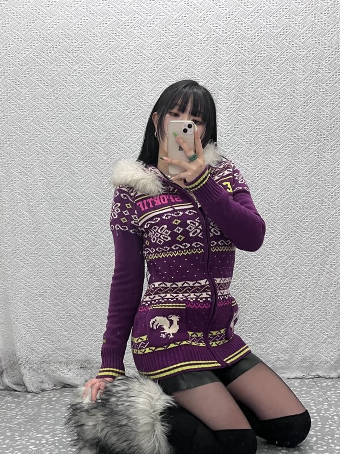 르꼬끄 희귀 Y2K 노르딕 코위찬 털 후드집업 가디건 M C09347 상품이미지2