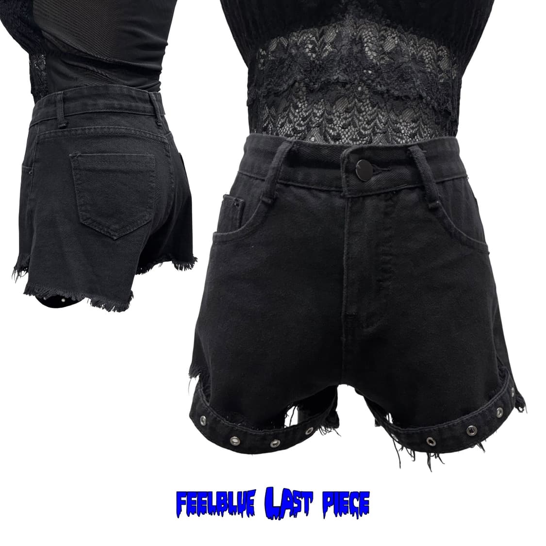 Black Denim Shorts with Grommet Hem 상품이미지5