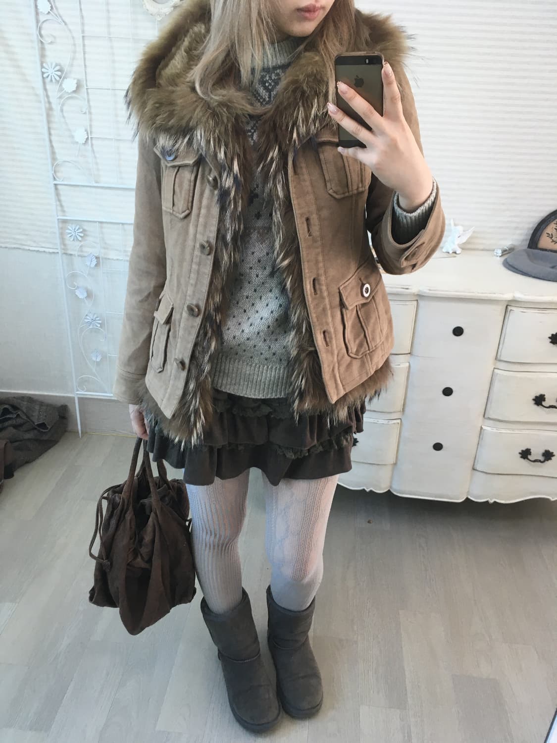 Vintage camel brown fur trimming jumper 상품이미지5