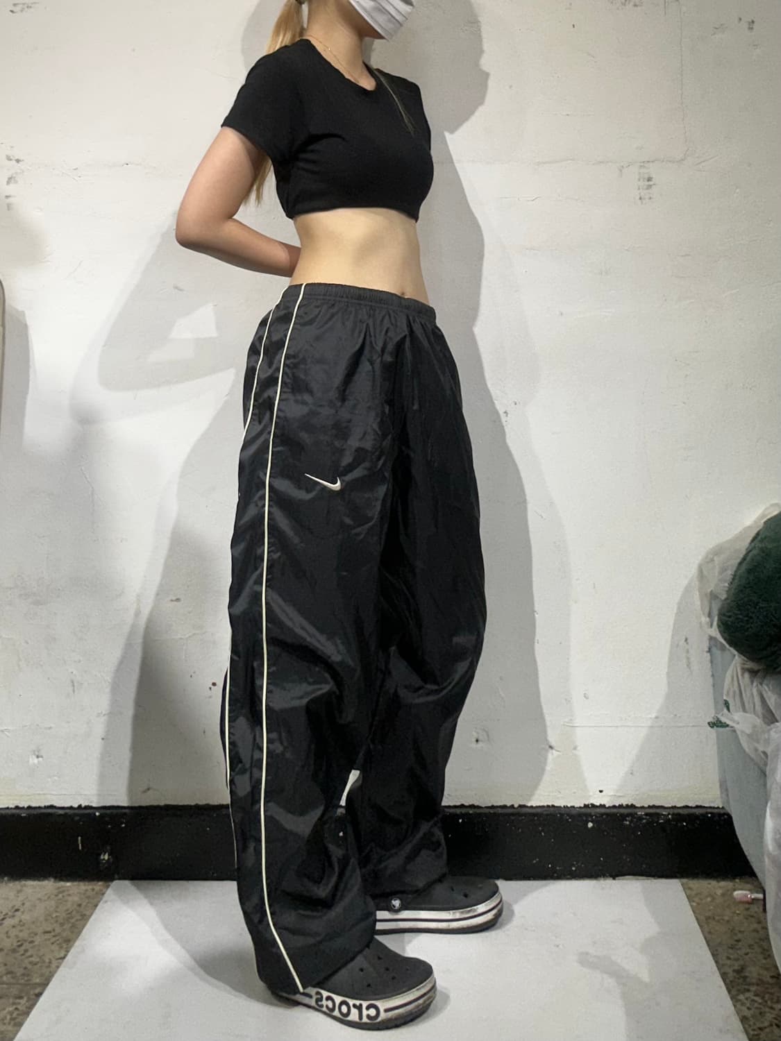 00s 나이키 블랙 화이트 사이드 라인 와이드 트랙 팬츠 M 상품이미지1