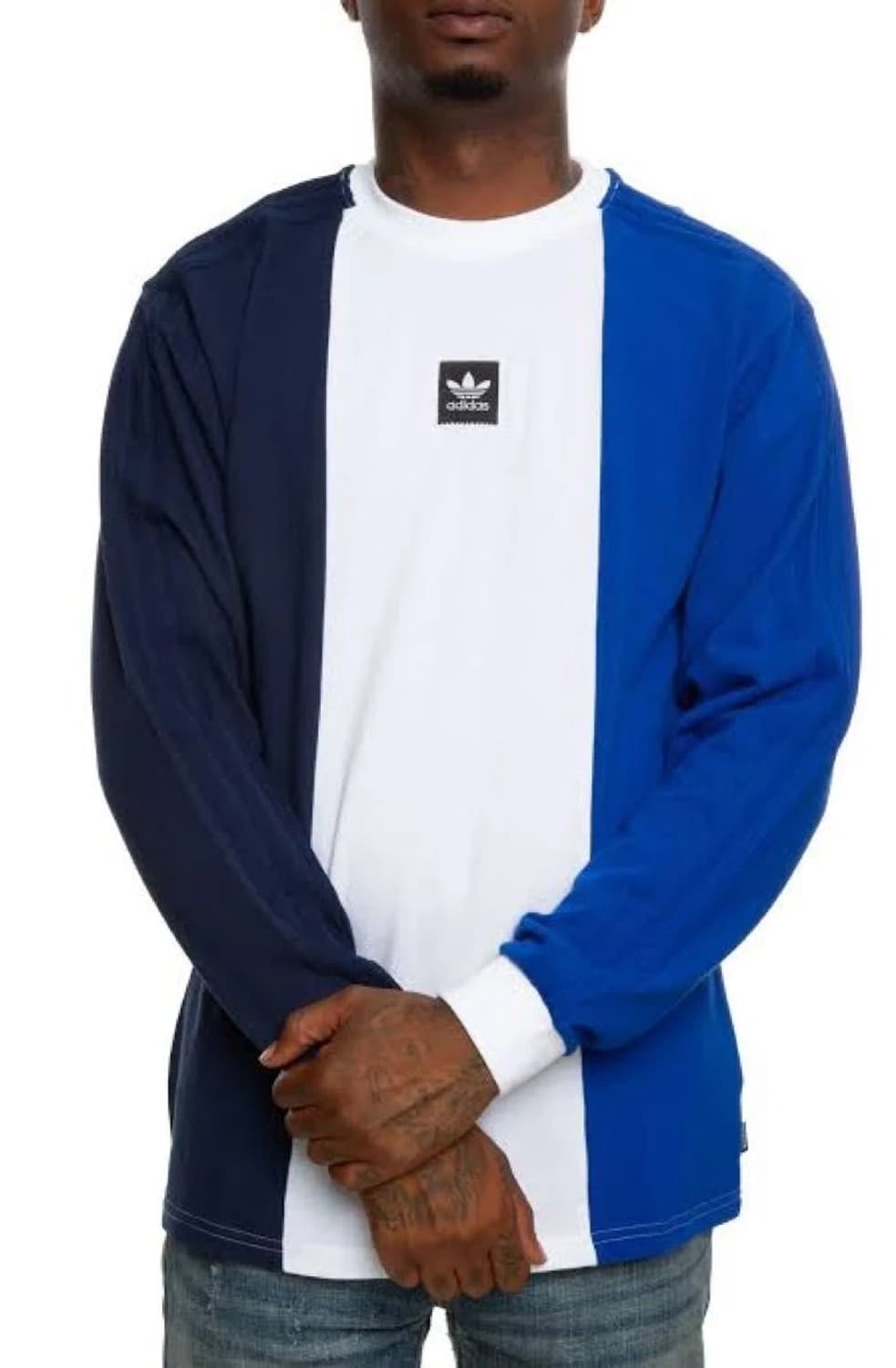 남S 아디다스 네이비 블루 화이트 배색 긴팔 면 티셔츠 상품이미지1
