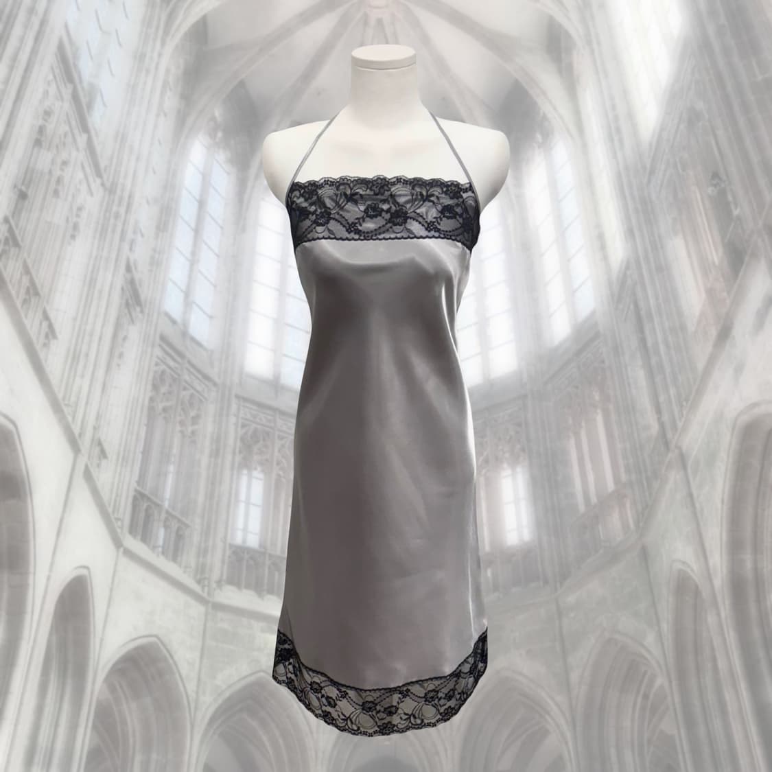 빈티지 실버 새틴 레이스 홀터넥 슬립 원피스 상품이미지1