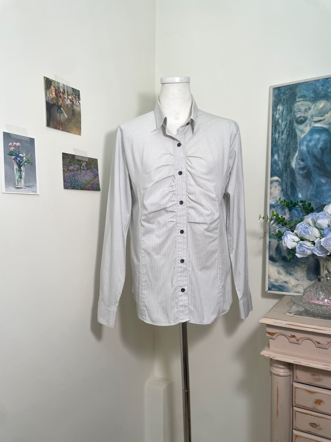 sheer gray stripe shirring detail shirt 상품이미지1
