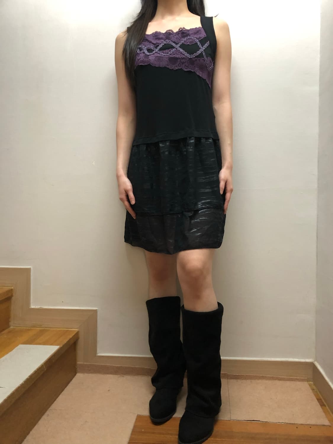 빈티지 블랙 퍼플 레이스 원피스 상품이미지4