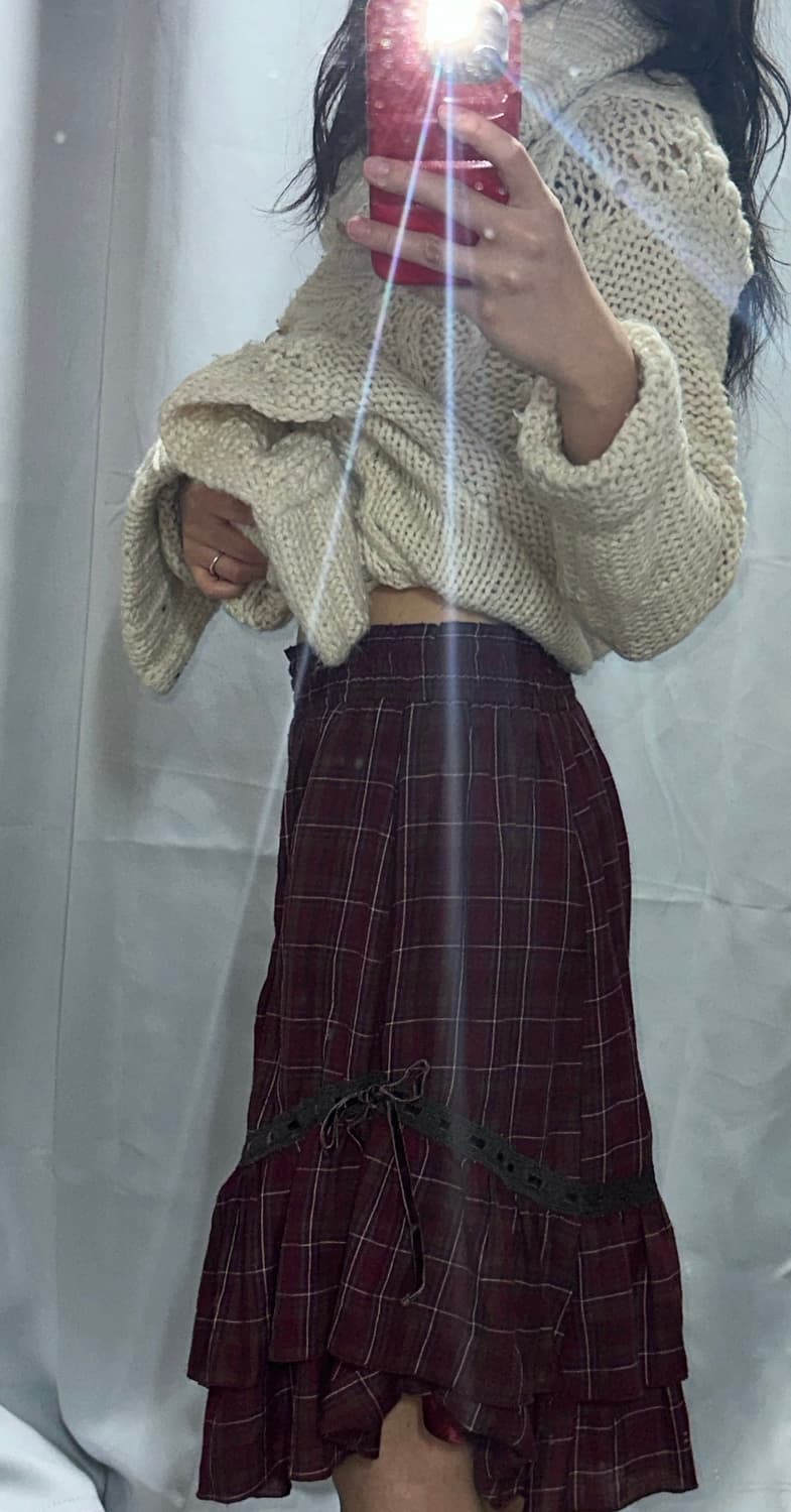 모리 니트 떡볶이 가디건 체크 언발 리본 스커트 코디 상품이미지5