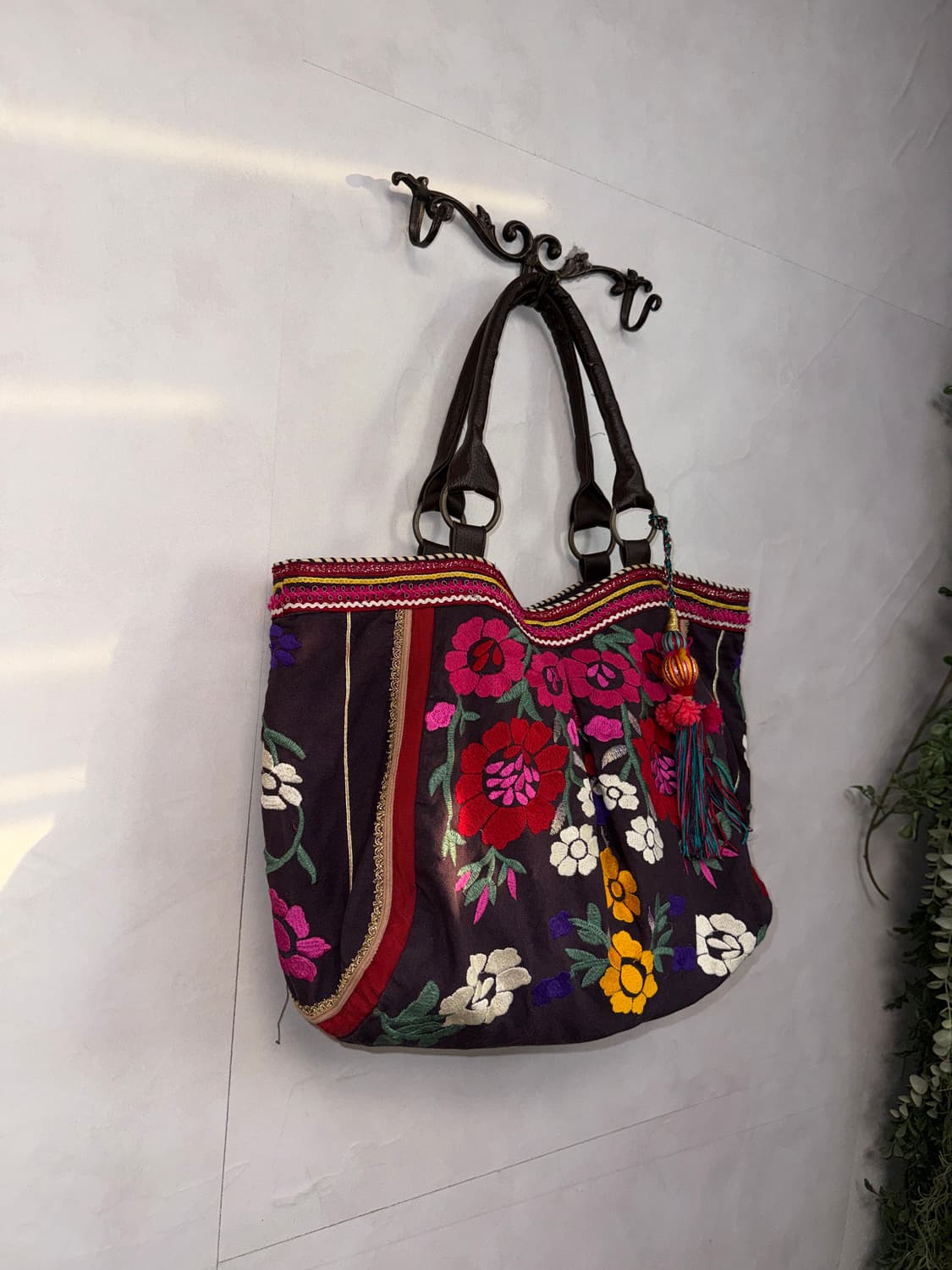 Dark brown bohemian flower big tote bag 상품이미지2