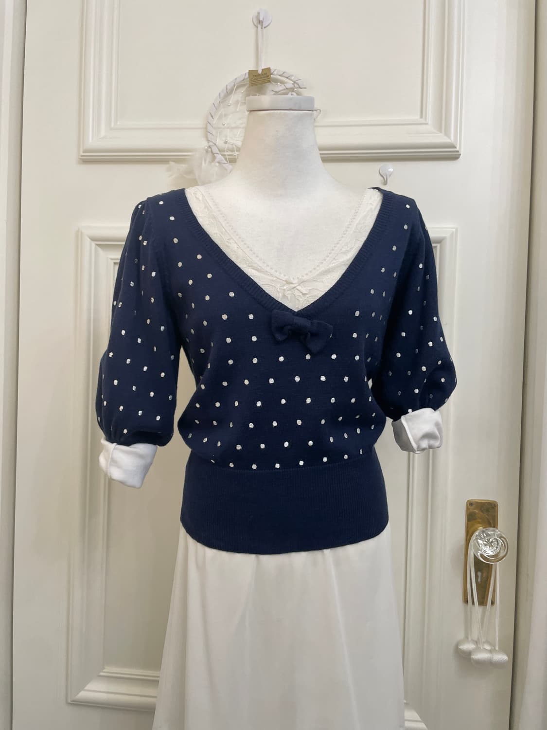 navy dot bow point knit top&white lace s 상품이미지4