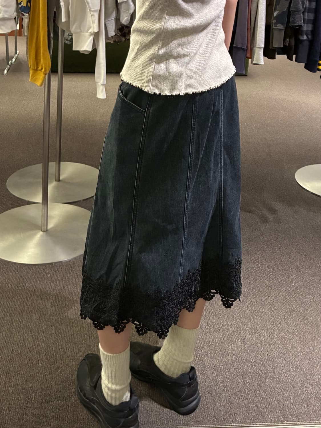 L)Japanese vintage 블랙 레이스 디테일 데님 롱스커트 상품이미지1