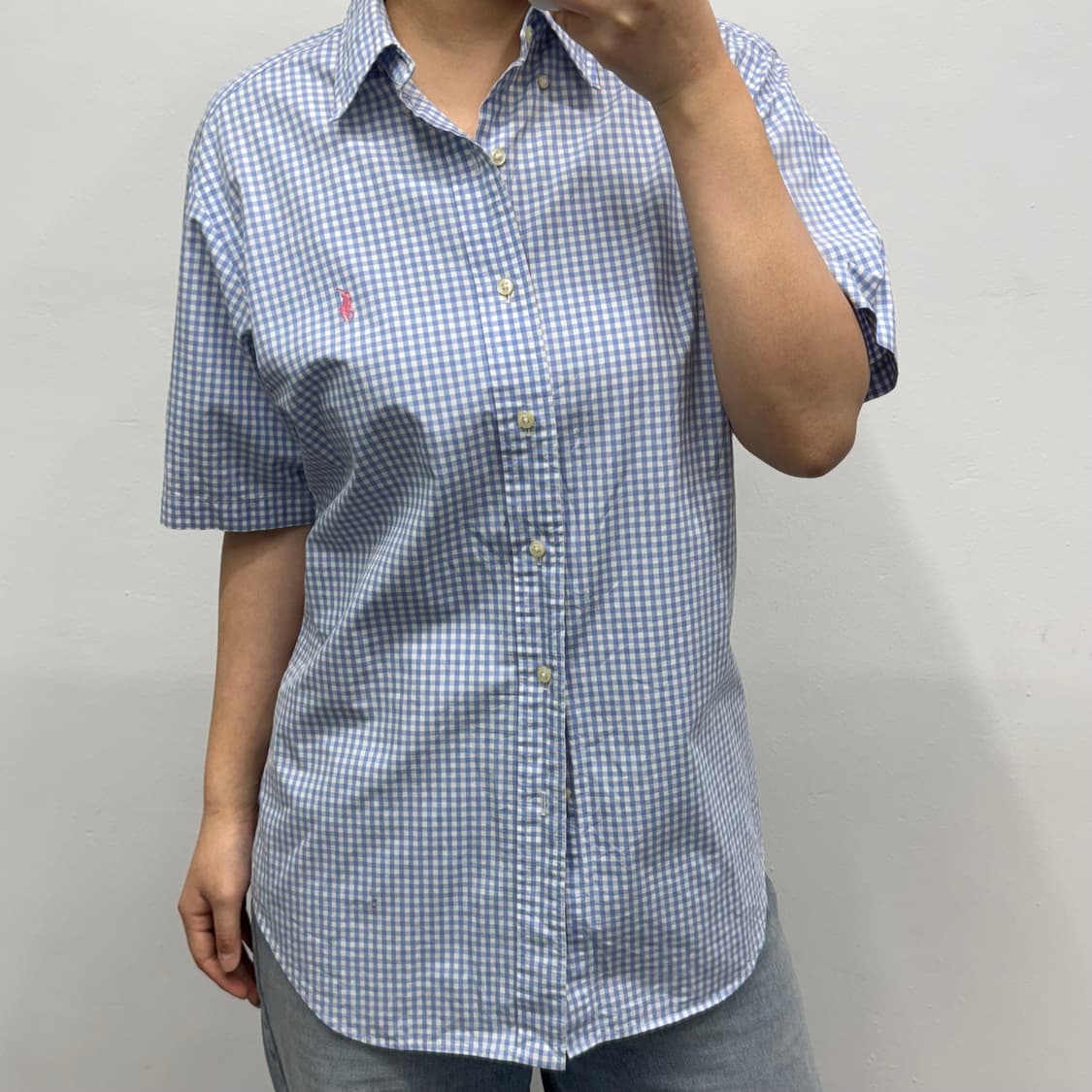 [M] 랄프로렌 클래식핏 하늘색 깅엄체크 반팔셔츠 상품이미지2