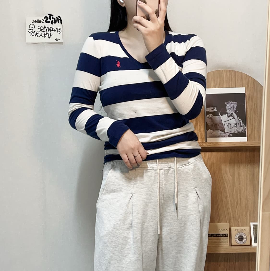 [정품] 폴로 네이비단가라 / 핑크포니 브이넥 긴팔티 [ M ] 상품이미지1