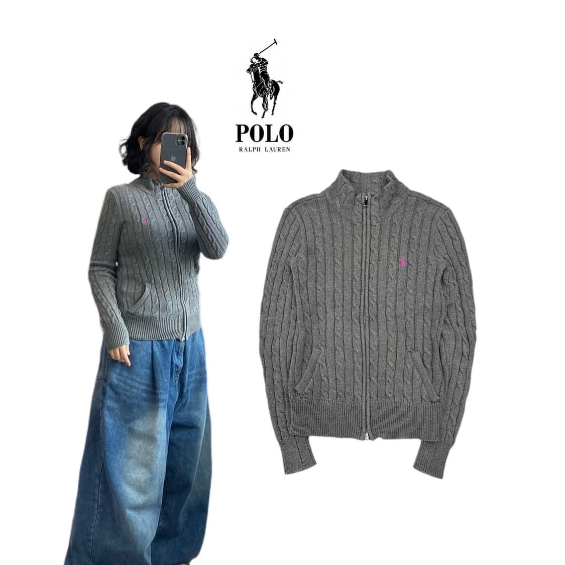 폴로 핑크 포니 딱붙 꽈배기 니트집업 그레이 상품이미지1