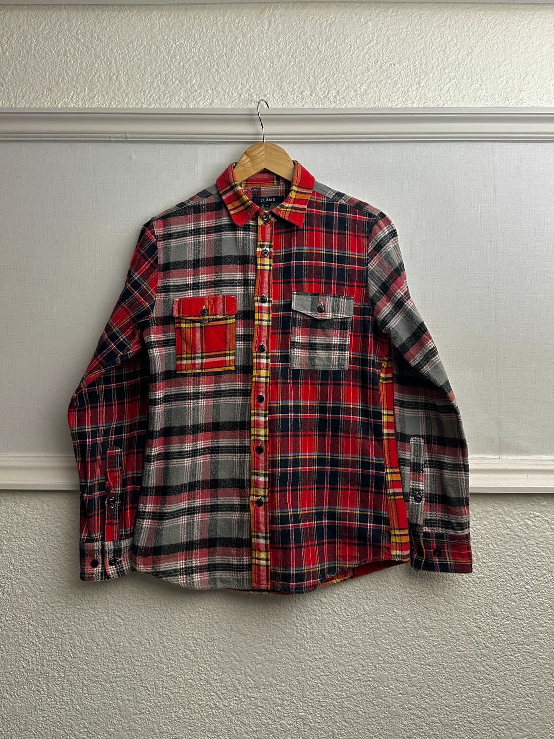 Beams 하프 앤 하프 플레이드 체크 셔 상품이미지7
