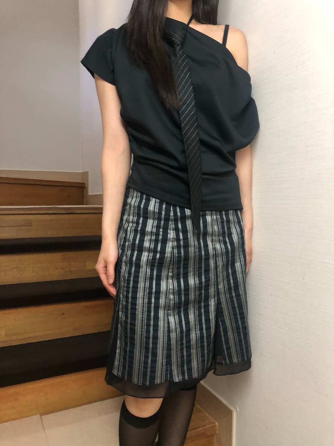 빈티지 그레이 네이비 스트라이프 스커트 상품이미지3