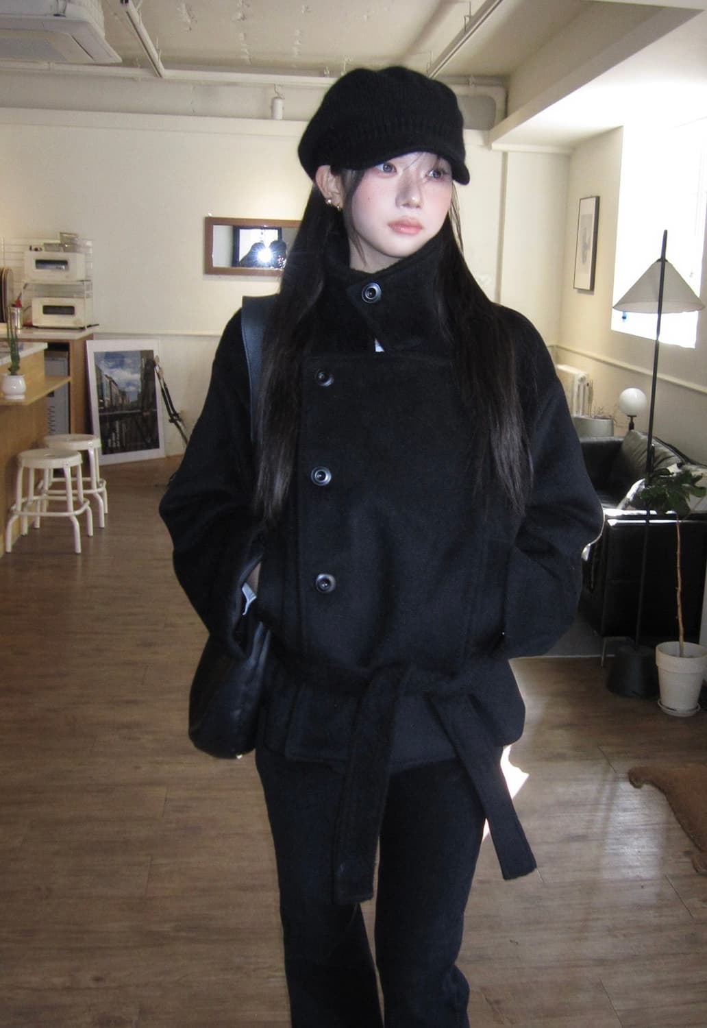 모디무드 Paris 하프 리본 더블 코트 블랙 상품이미지3