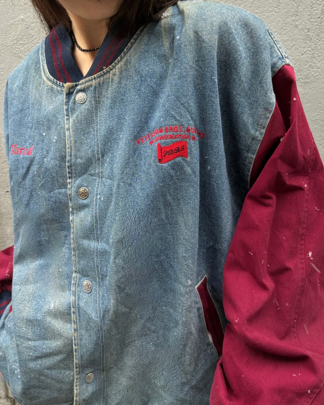 90s vintage Denim burgundy varsity Jk 상품이미지3